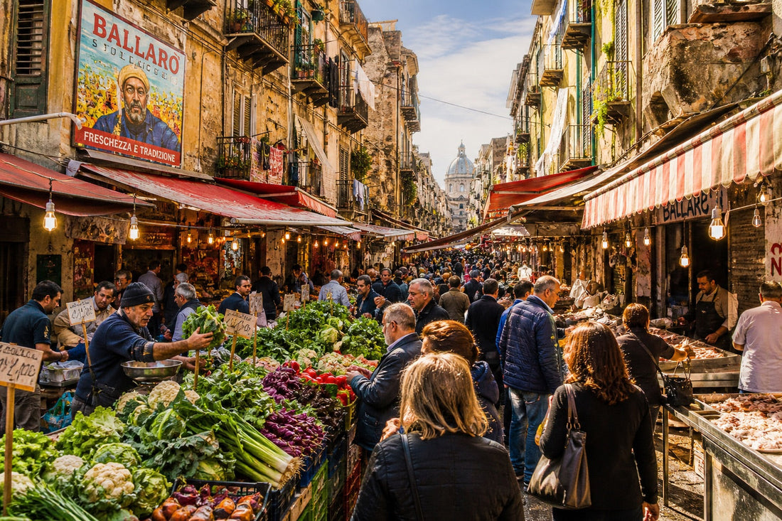 Ballarò-markedet i Palermo på Sicilia med lpkale råvarer, street food, italiensk folkeliv og autentisk siciliansk atmosfære