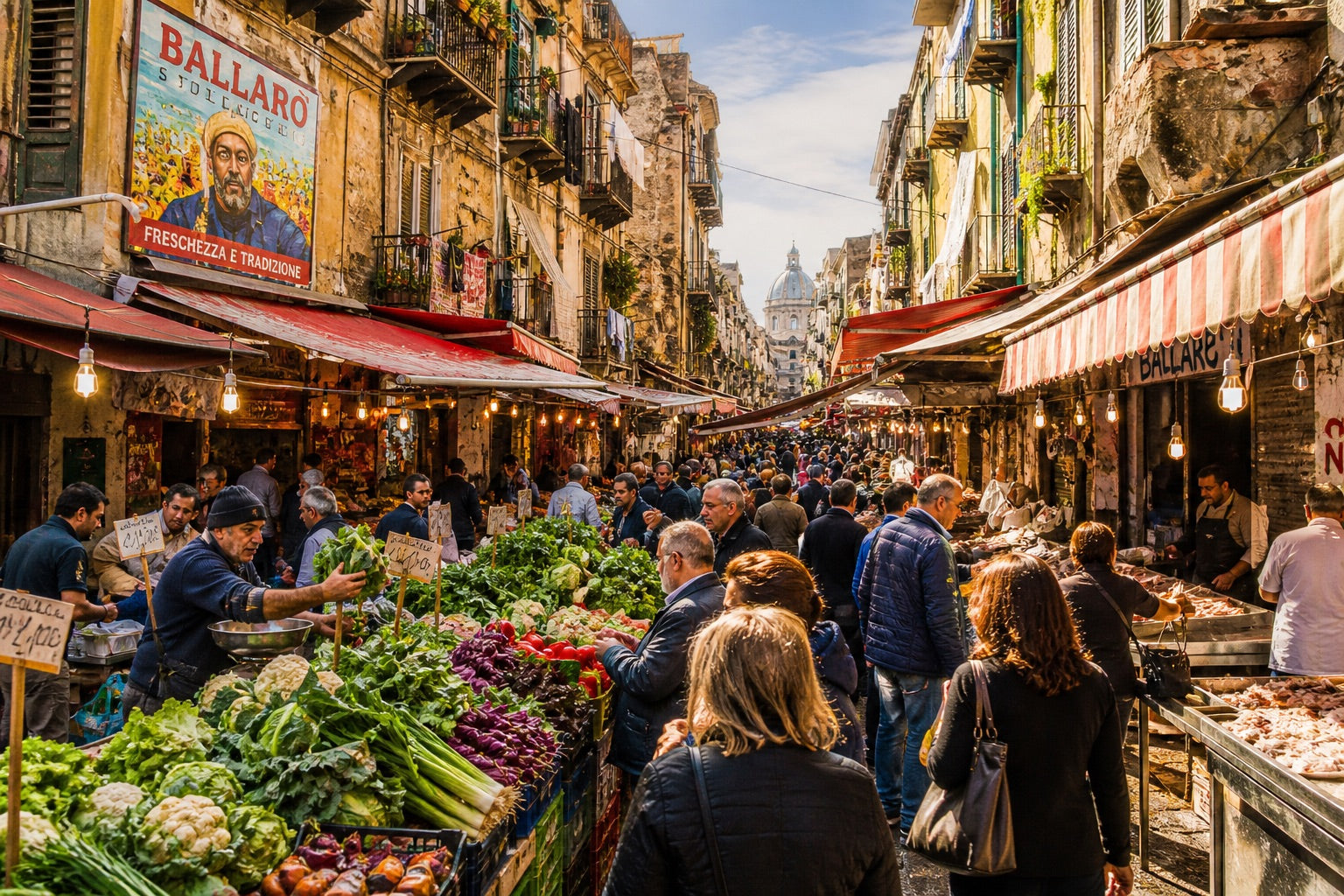 Ballarò-markedet i Palermo på Sicilia med lpkale råvarer, street food, italiensk folkeliv og autentisk siciliansk atmosfære