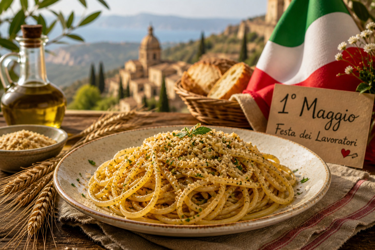 Siciliansk pasta laget av gamle hvetesorter med olivenolje og brød - 1. mai tradisjoner på Sicilia