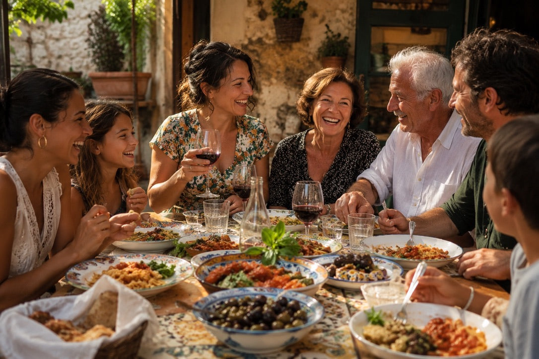 Familie og venner samlet rundt et tradisjonelt siciliansk middagsbord med lokale retter og autentisk matkultur fra Sicilia