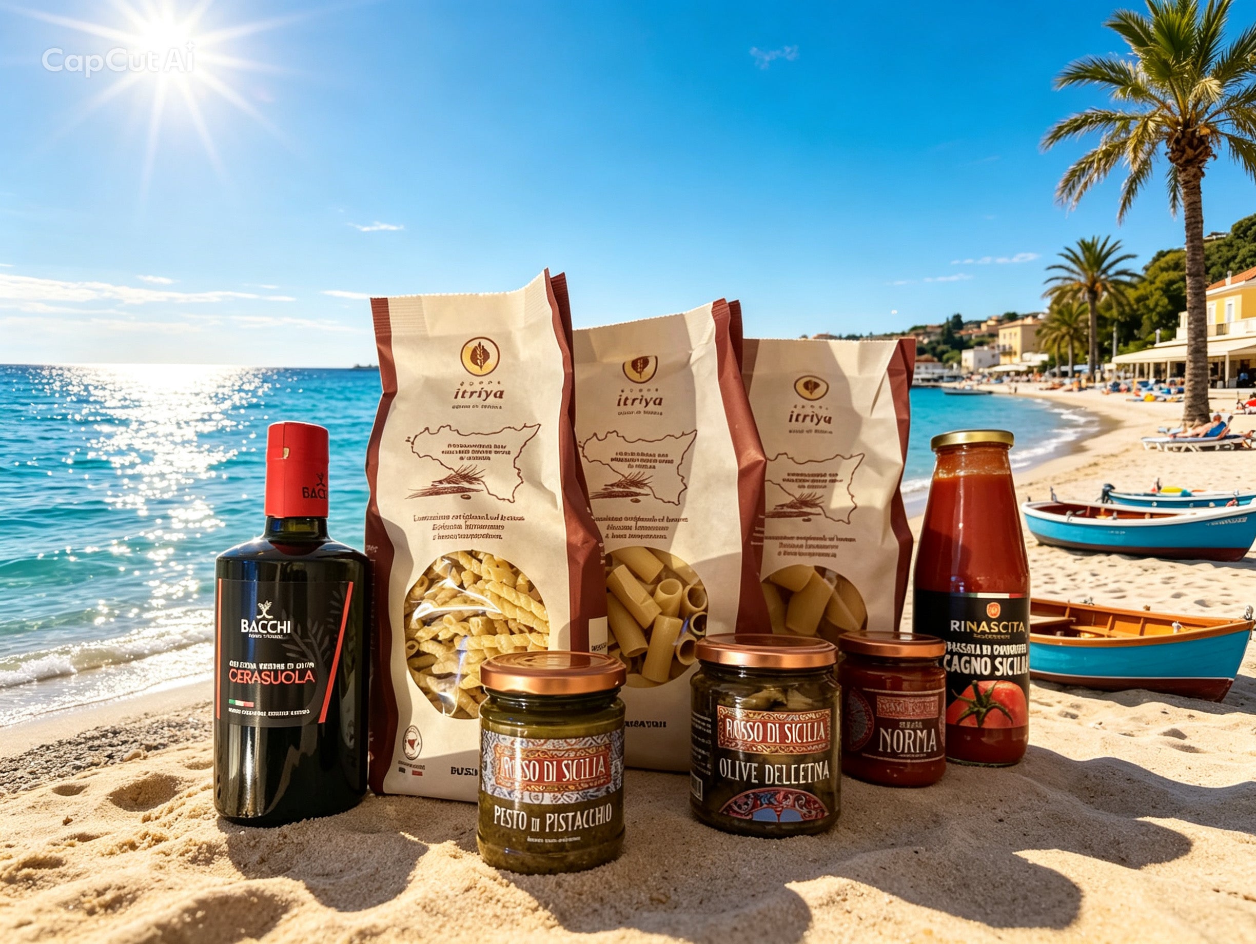 Stor gavepakke med italienske spesialiteter fra Sicilia - pasta, pesto, oliven, tomatsaus og olivenolje