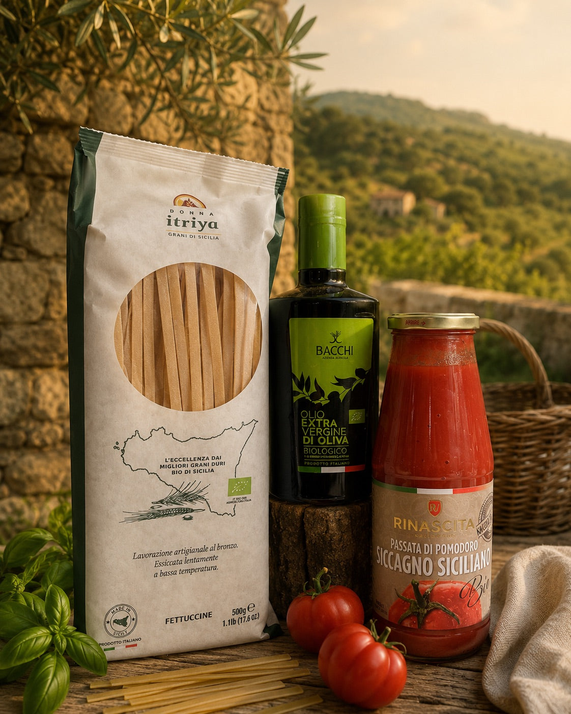 Økologiske smaker fra Sicilia med ekstra virgin olivenolje, håndverkspasta og siccagno-tomater dyrket uten kunstig vanning