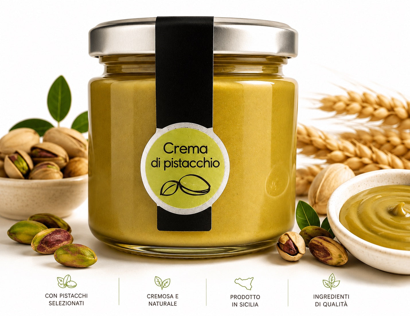 Sciara pistasjkrem med 30 % pistasjnøtter – kremet pistasjpålegg produsert i Bronte på Sicilia, 190 g.