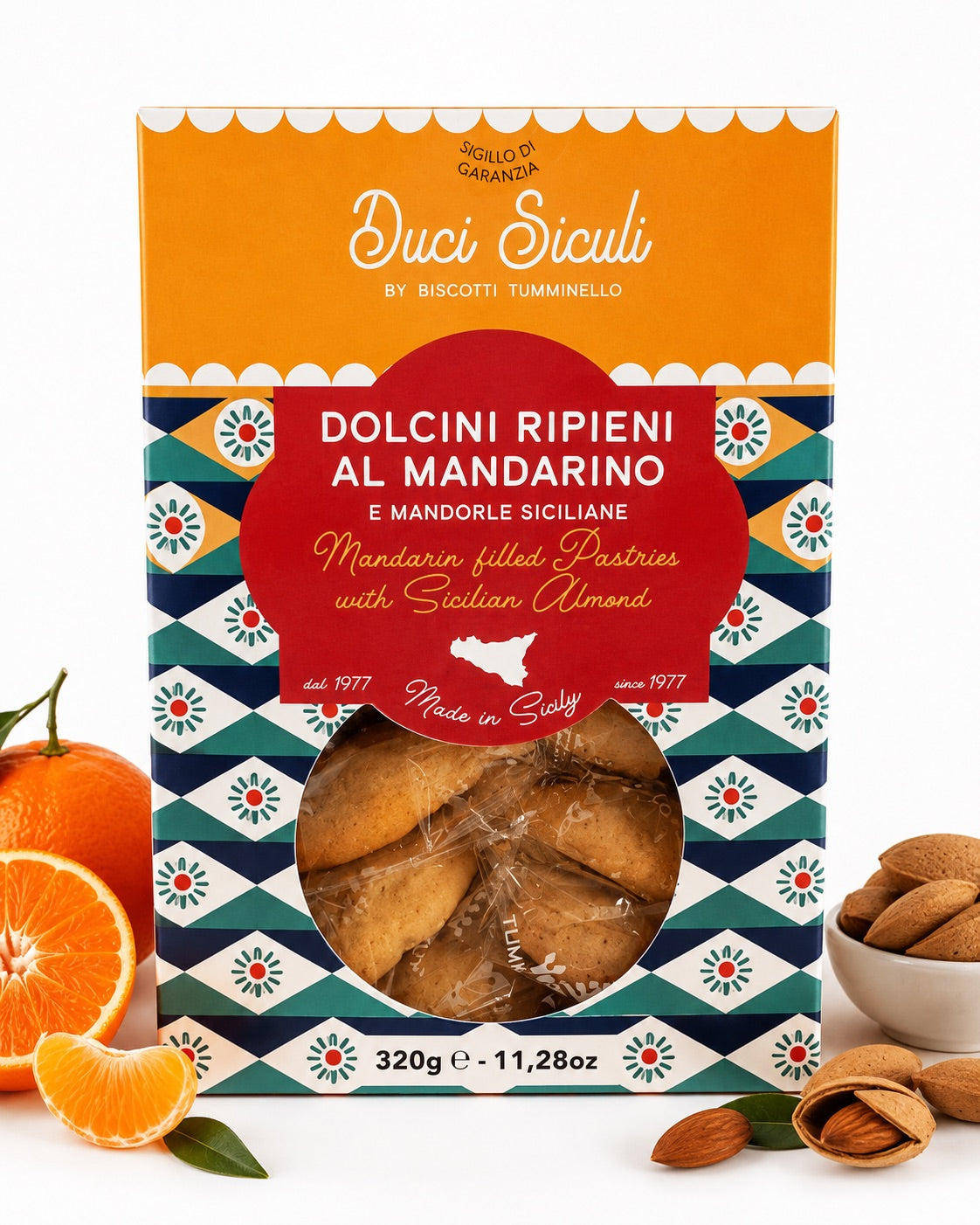 Tumminello Dolcini med mandarin og sicilianske mandler 320 g – håndlagde sicilianske småkaker med fyll av mandarin og mandler.