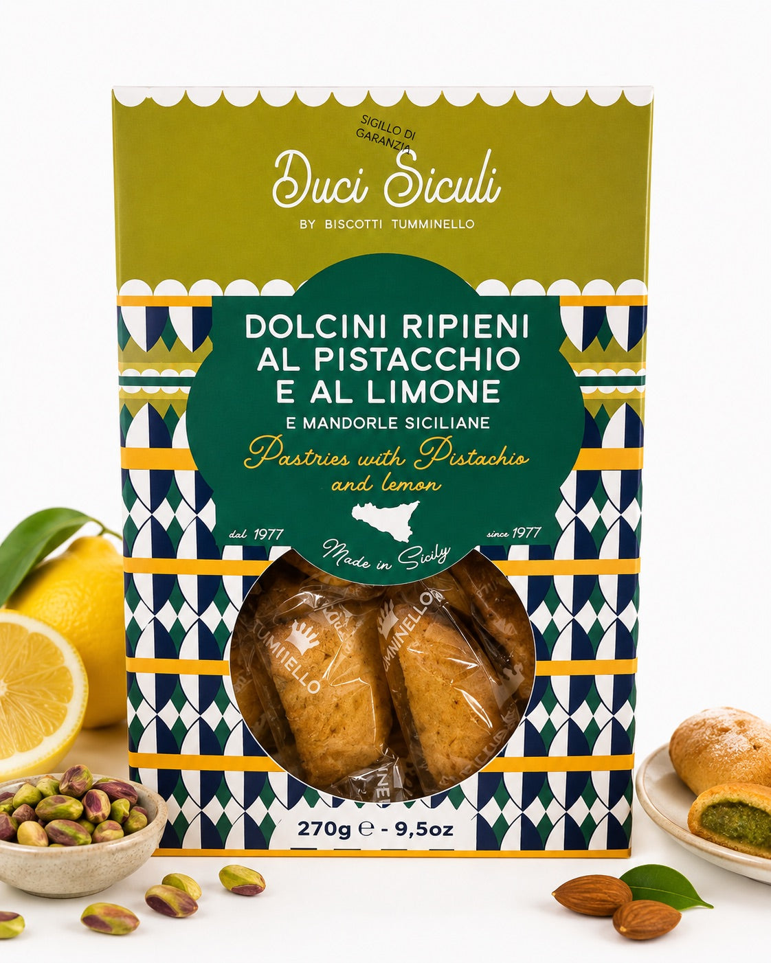 Tumminello Dolcini med pistasj og sitron 270 g – håndlagde sicilianske småkaker fylt med pistasj og sitron.