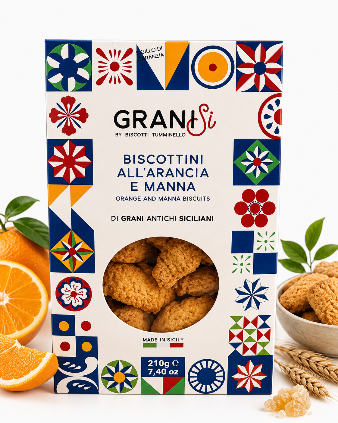 Tumminello GraniSì kjeks med appelsin og manna 210 g – sprø sicilianske kjeks laget med gamle kornsorter, kandisert appelsin og manna.