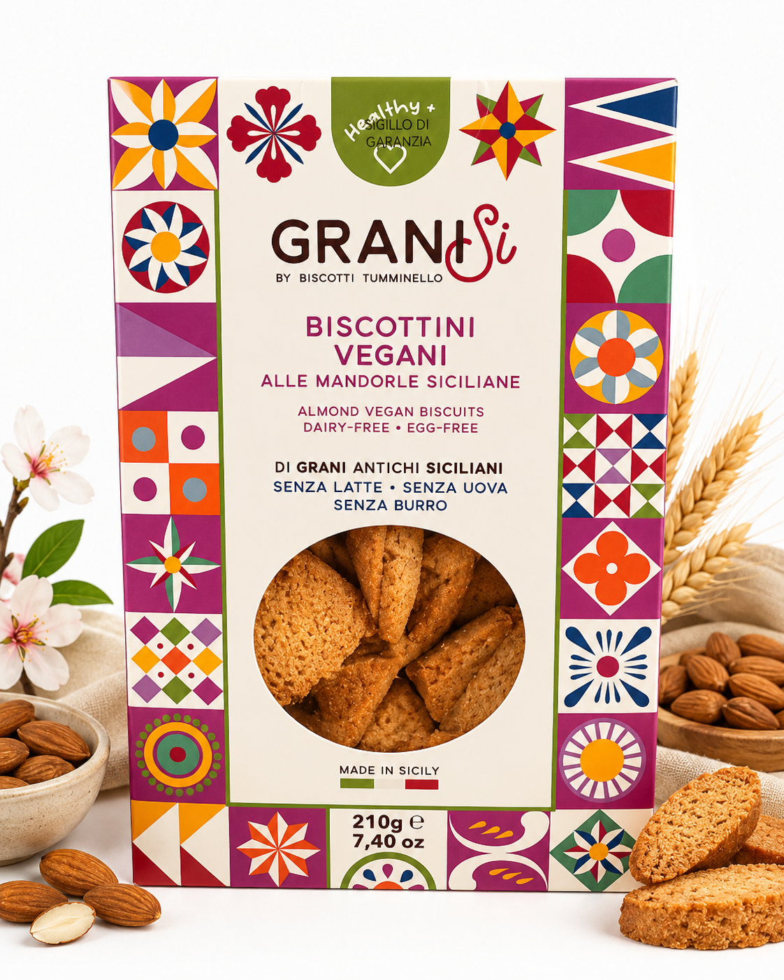 Tumminello GraniSì veganske mandelkjeks 210 g – sprø sicilianske vegankjeks med mandler, laget uten melk, egg og smør.