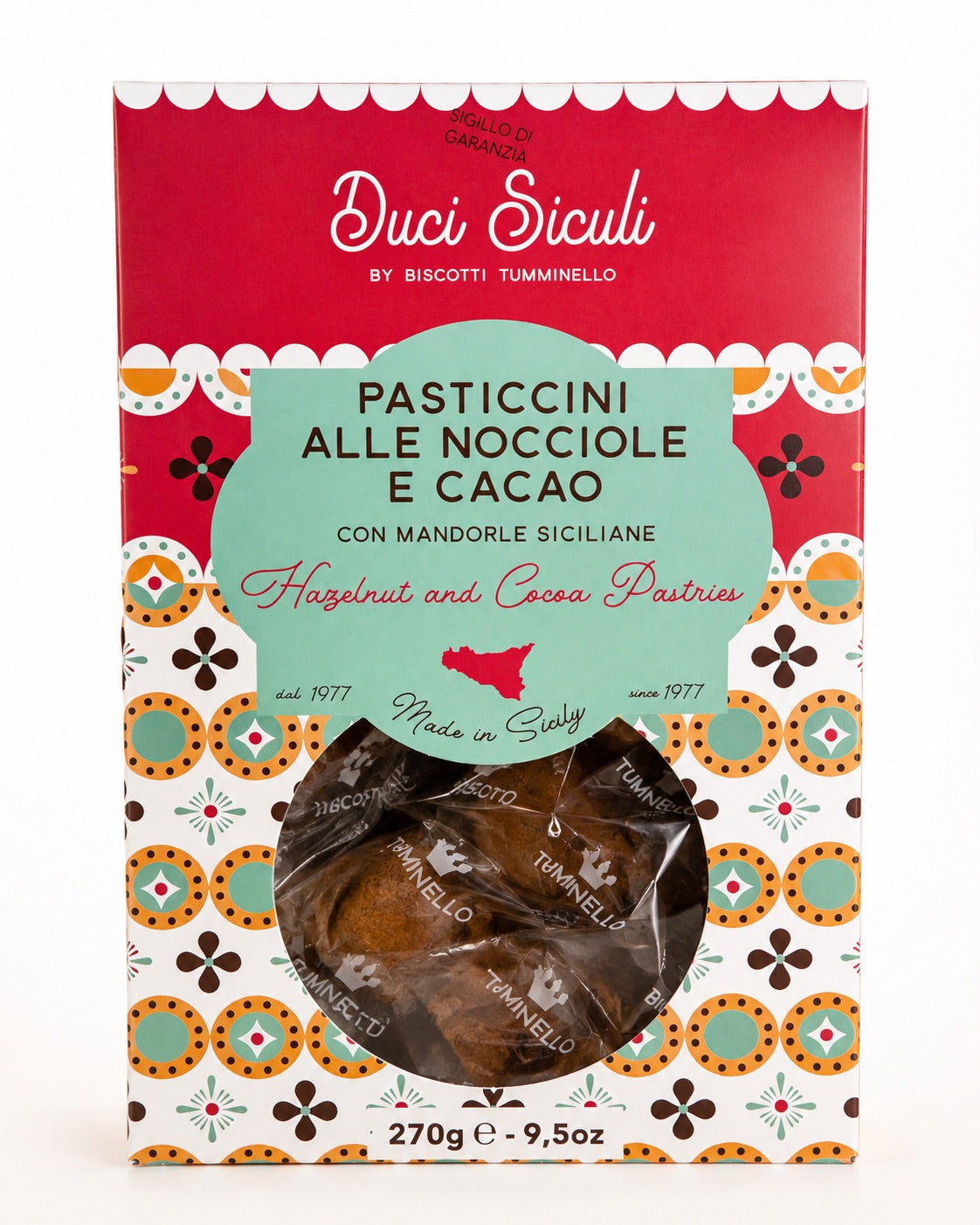 Tumminello Pasticcini med hasselnøtter og kakao 270 g – håndlagde sicilianske småkaker med mandler, hasselnøtter og kakao.